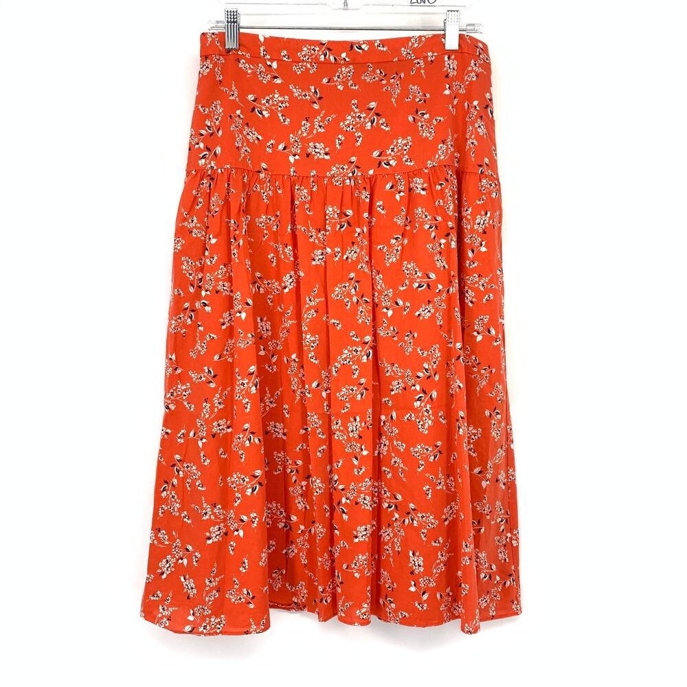 Ann Taylor A-Line Drop Waist Midi Skirt Womens Size 8 Red Orange Floral Print